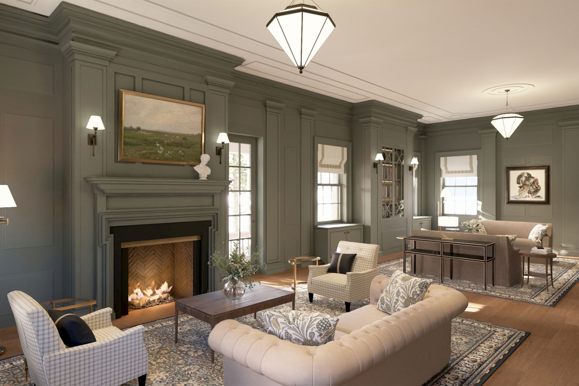Luxurious living room with a stone fireplace, gray walls, comfy cream sofas, patterned rug, and a large dining area in the background. End sentence.