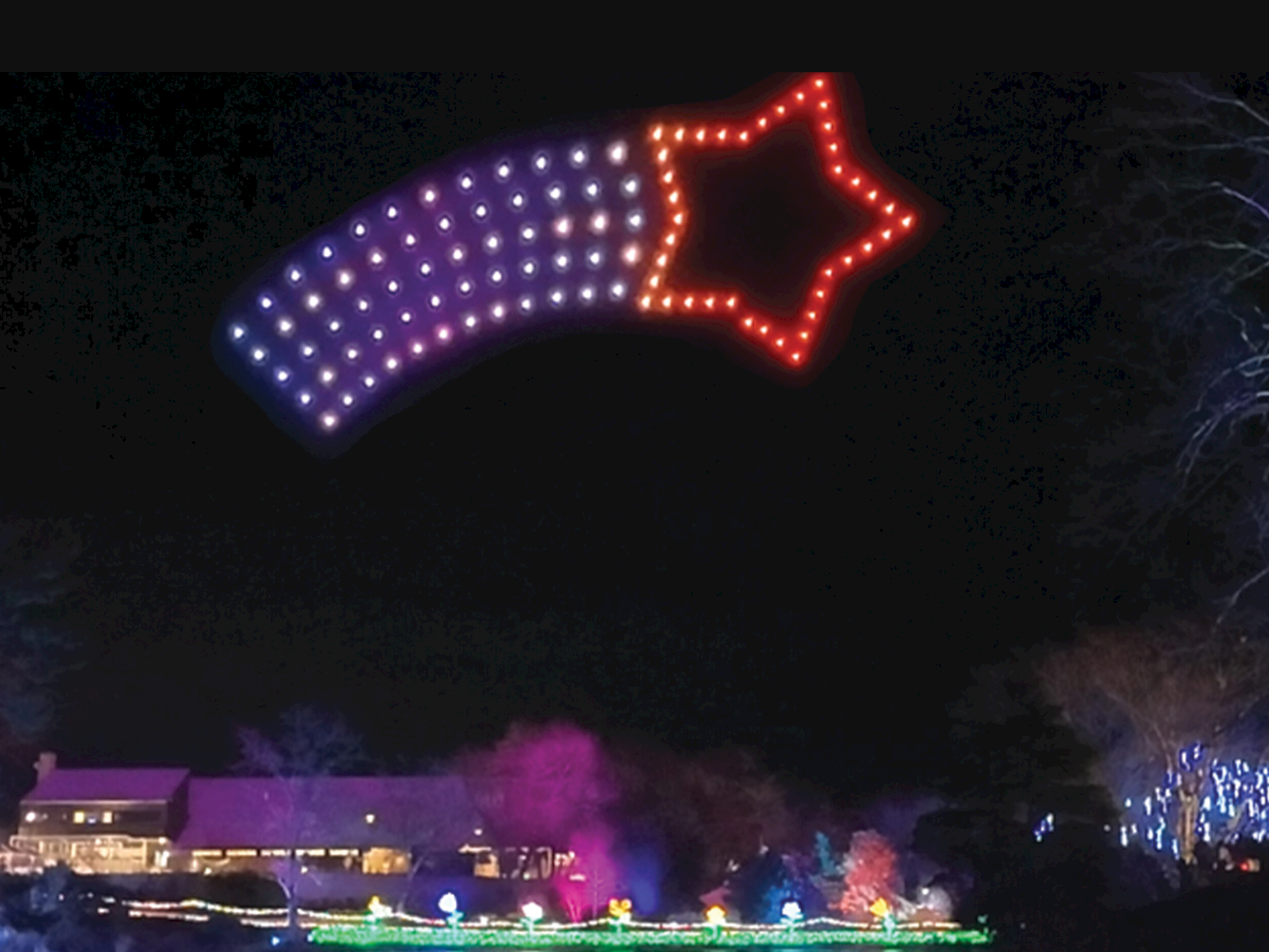 A giant glowing LED star lights up the night sky above a festive park display.