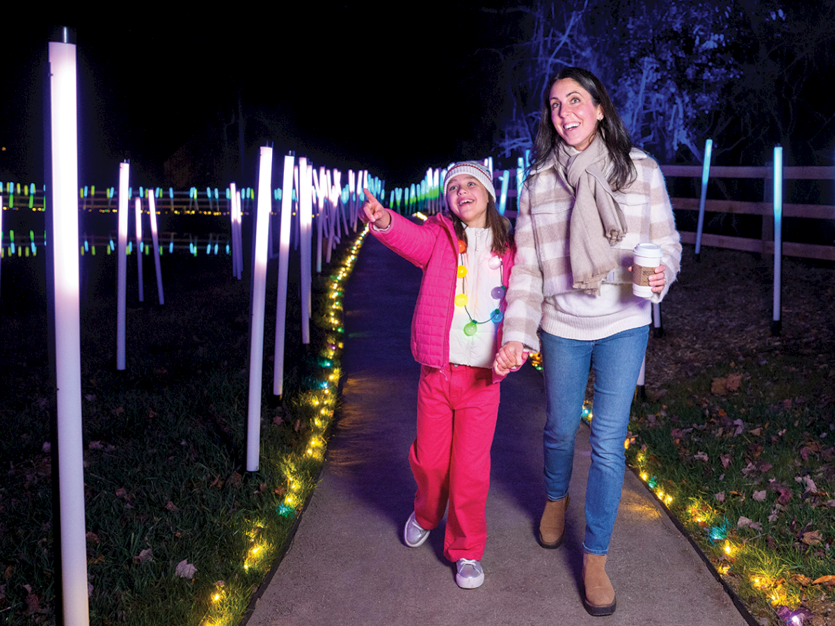 At night, a woman and a child stroll on a glowing light-path yard, smiling as colorful lights wrap the walkway.